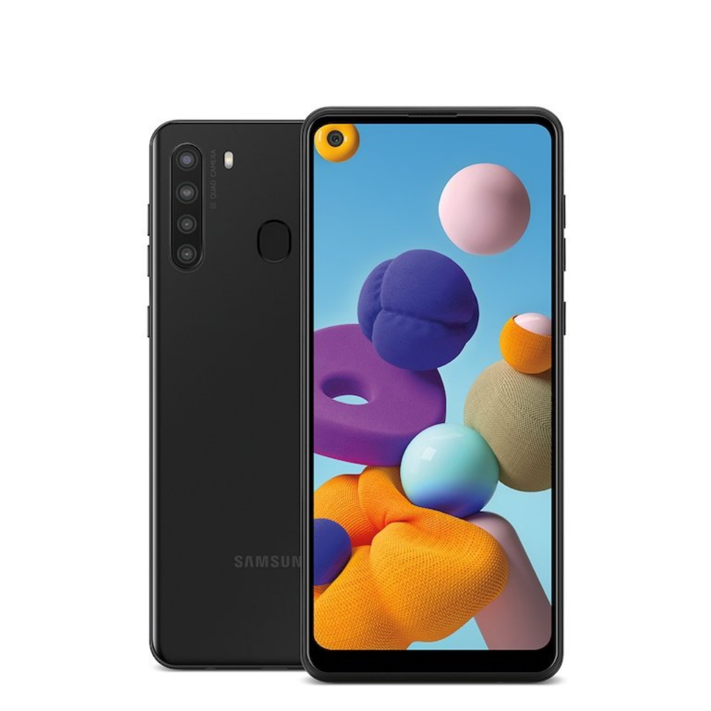 Black Samsung Galaxy A21 showing crisp images